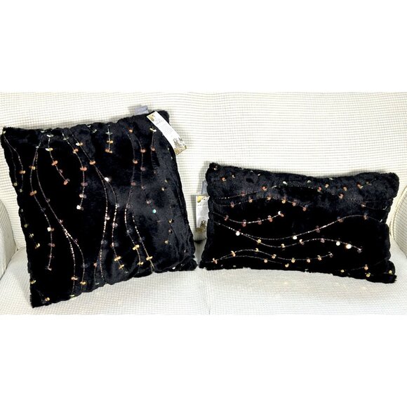 Aviva Stanoff Black w/ Rose Gold Sequin MilkyWay Blanket 2 Pillow set, MSRP $799 - Picture 6 of 12